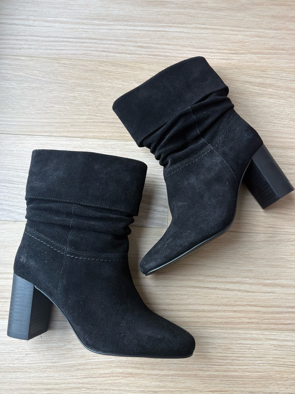 Black Suede Mid-Calf Block Heel Boots - Women